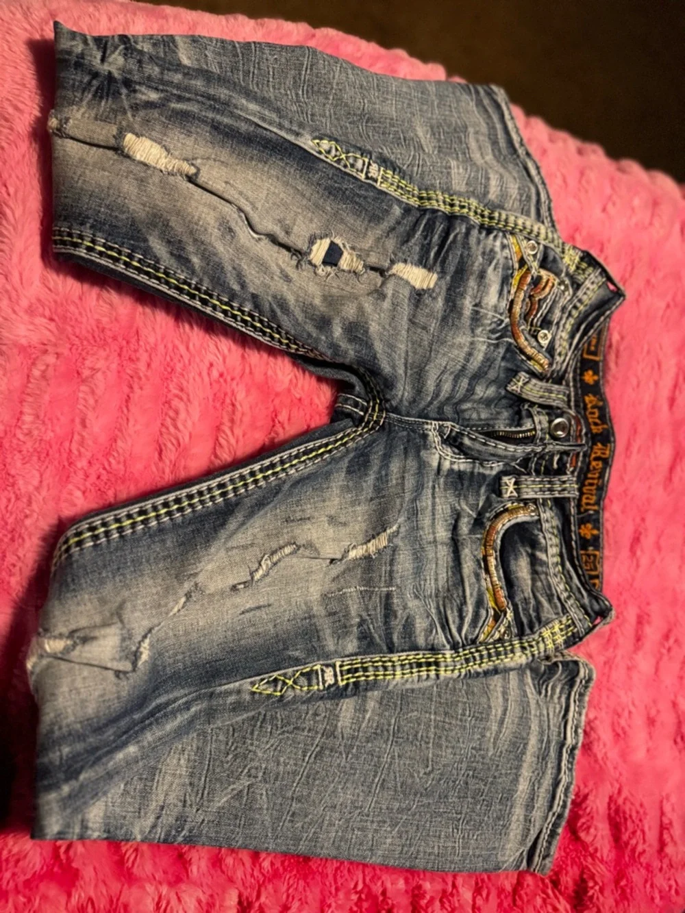Rock Revival Distressed Blue Flare Jeans with Contrast Stitching - Picture 2 of 4